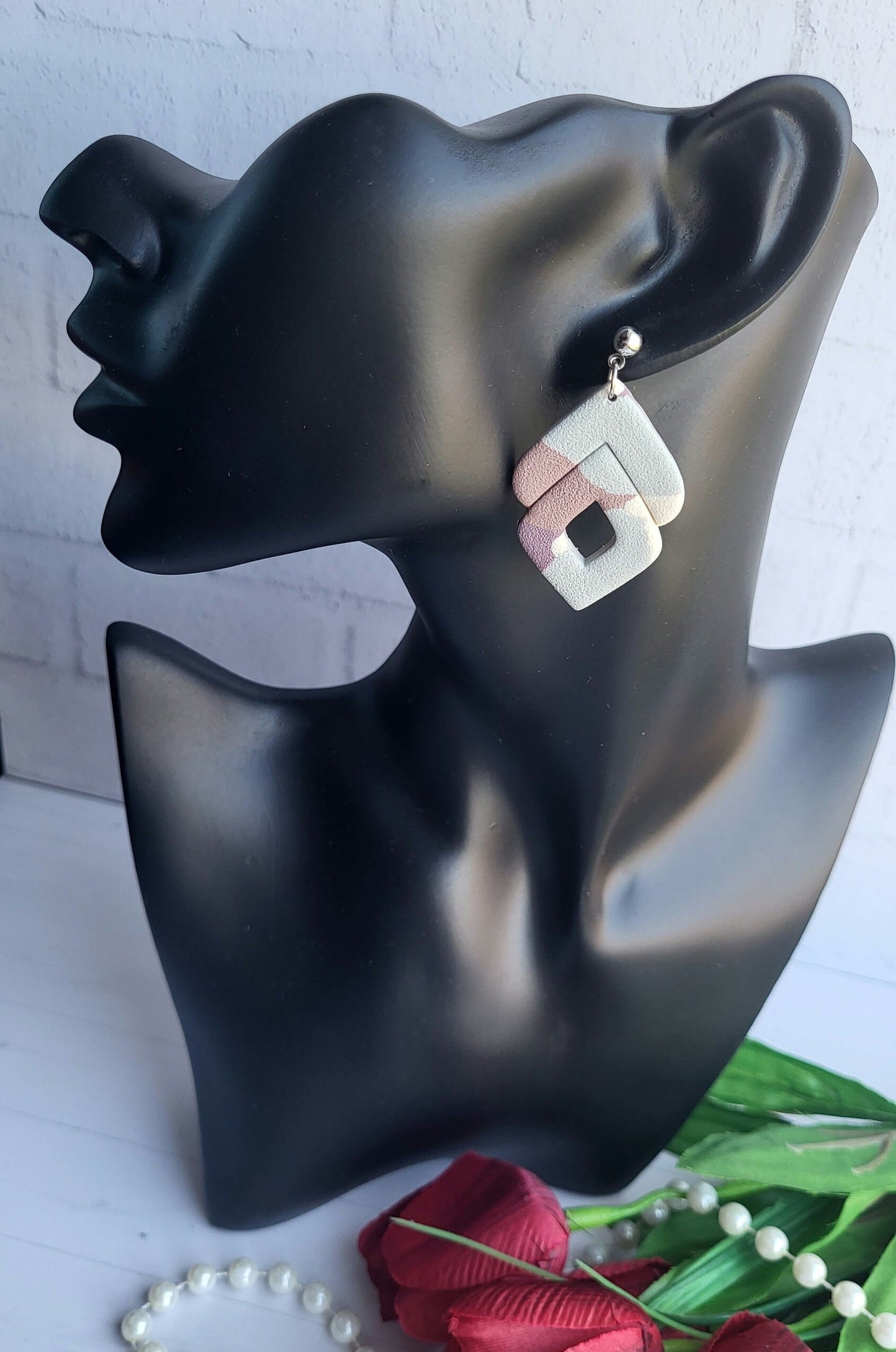 Abstract Geometric Polymer Clay Earrings/Handmade Pastel Drop Earrings/Stylish Neutral-Toned Earrings/Subtle Color Block Earrings