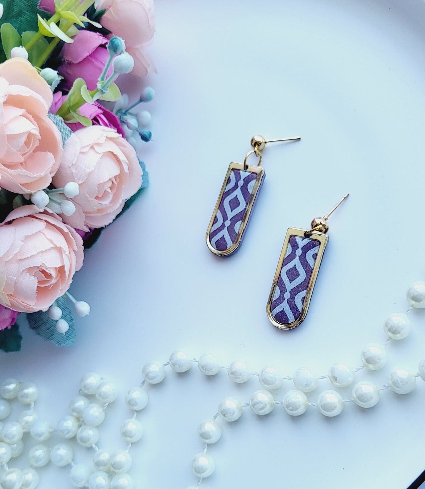 Stylish Drop Earrings/Gold Accent Earrings/Boho Chic Earrings/Textured Purple Jewelry/Patterned Clay Design/Artisan Crafted Earrings