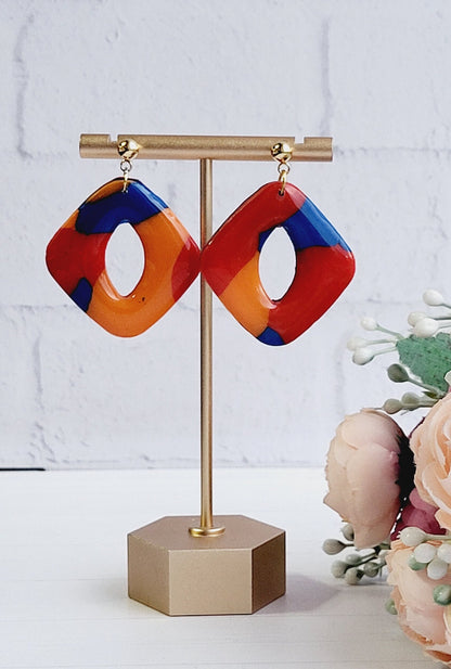 Vibrant Abstract Design Earrings in Red, Orange, and Blue/Unique Geometric Polymer Clay Earrings with a Glossy Finish