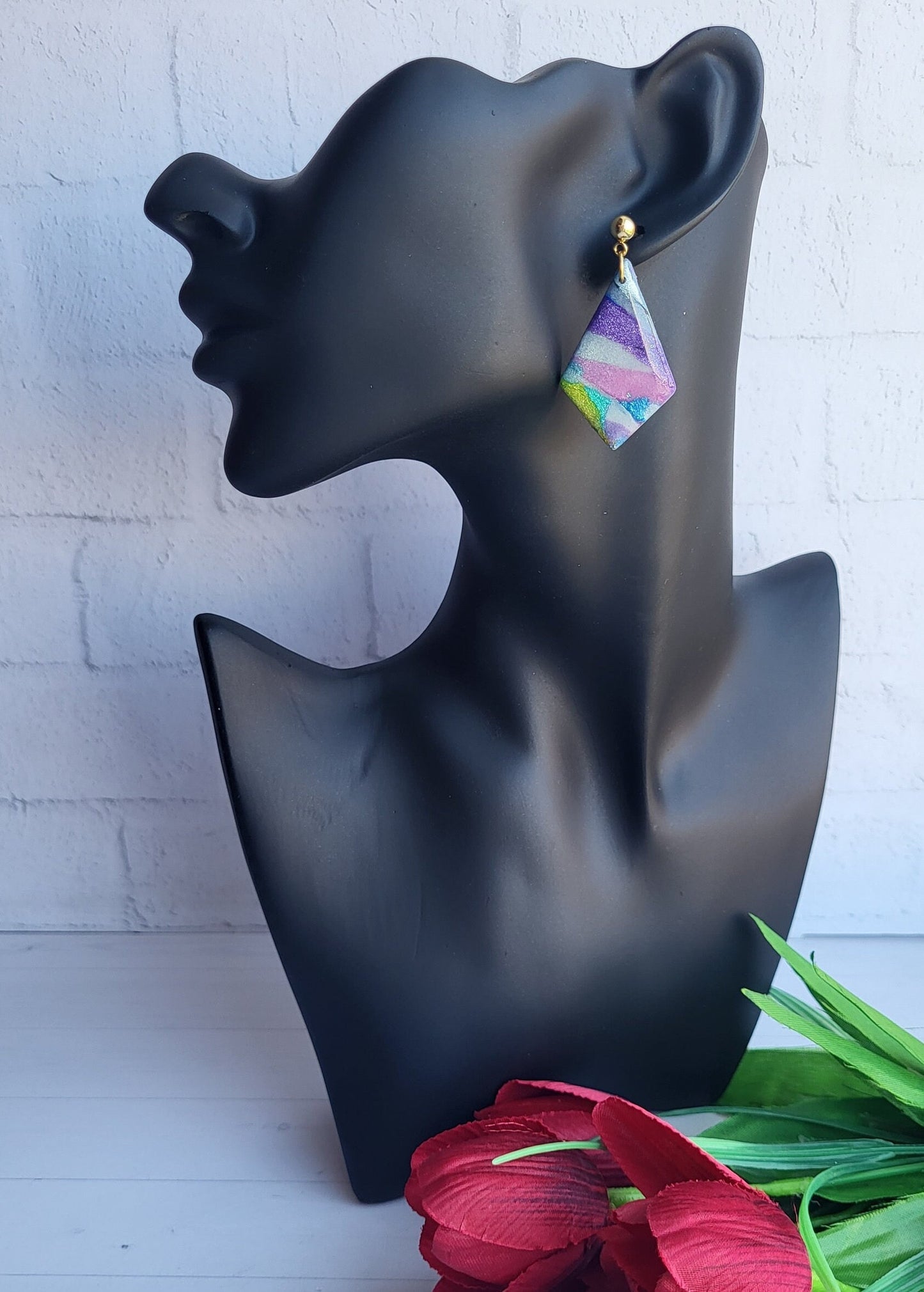 Abstract Diamond Drop Earrings/Geometric Blue Polymer Clay Earrings/Handcrafted Colorful Statement Earrings