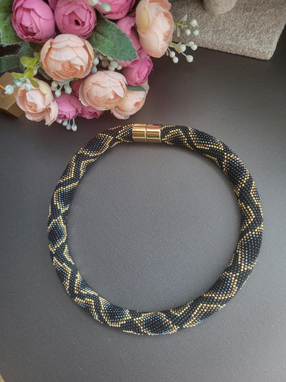 Elegant Beaded Rope Necklace – TOHO Beads in Black and Gold/Luxurious Handmade TOHO Necklace – Black, Bronze and  Gray Tones