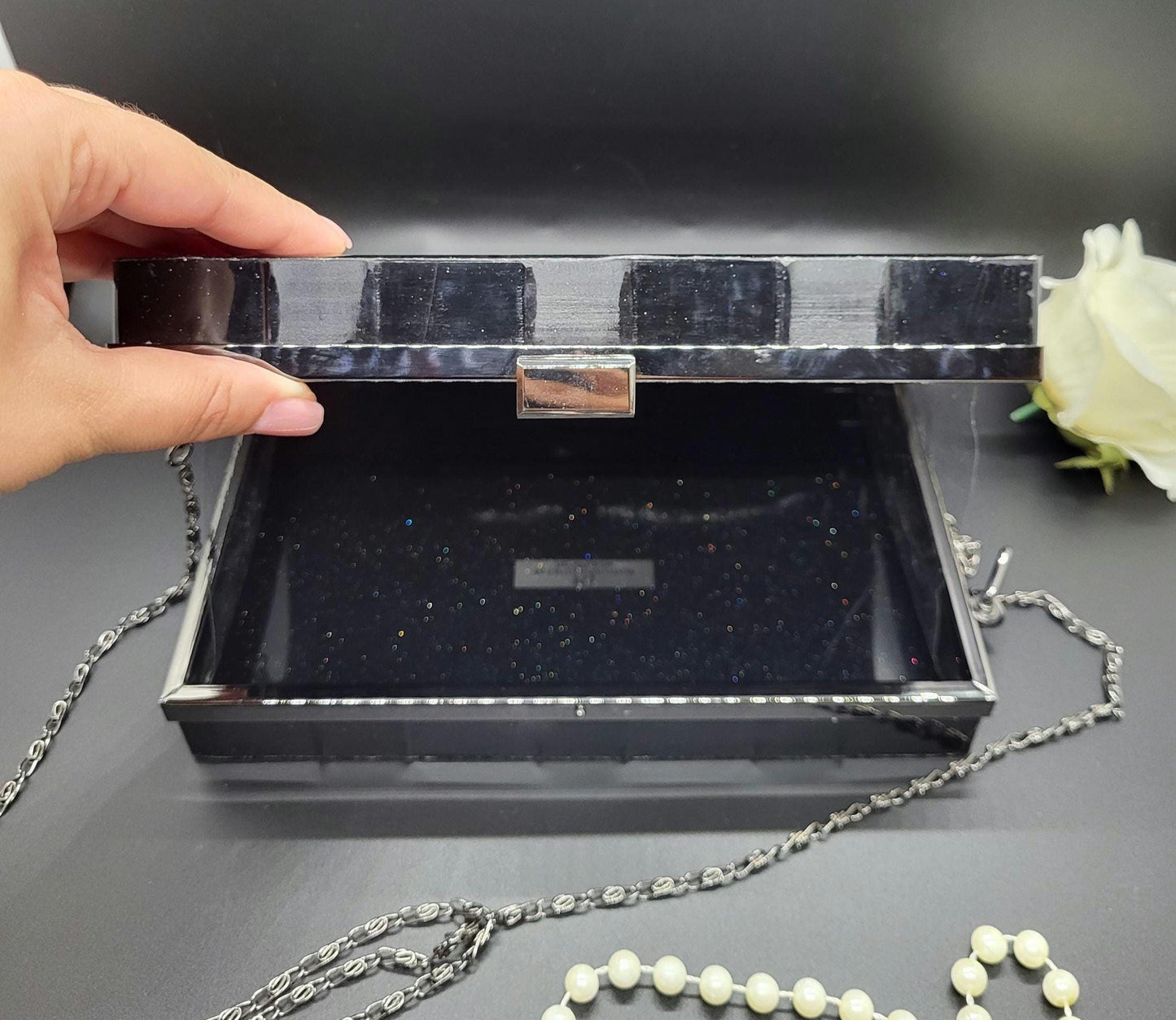 Speckled Black Epoxy Resin Clutch | Handcrafted Luxury Evening Bag | Galaxy-like Bridal Party Purse | Statement Purse for Weddings Clutch