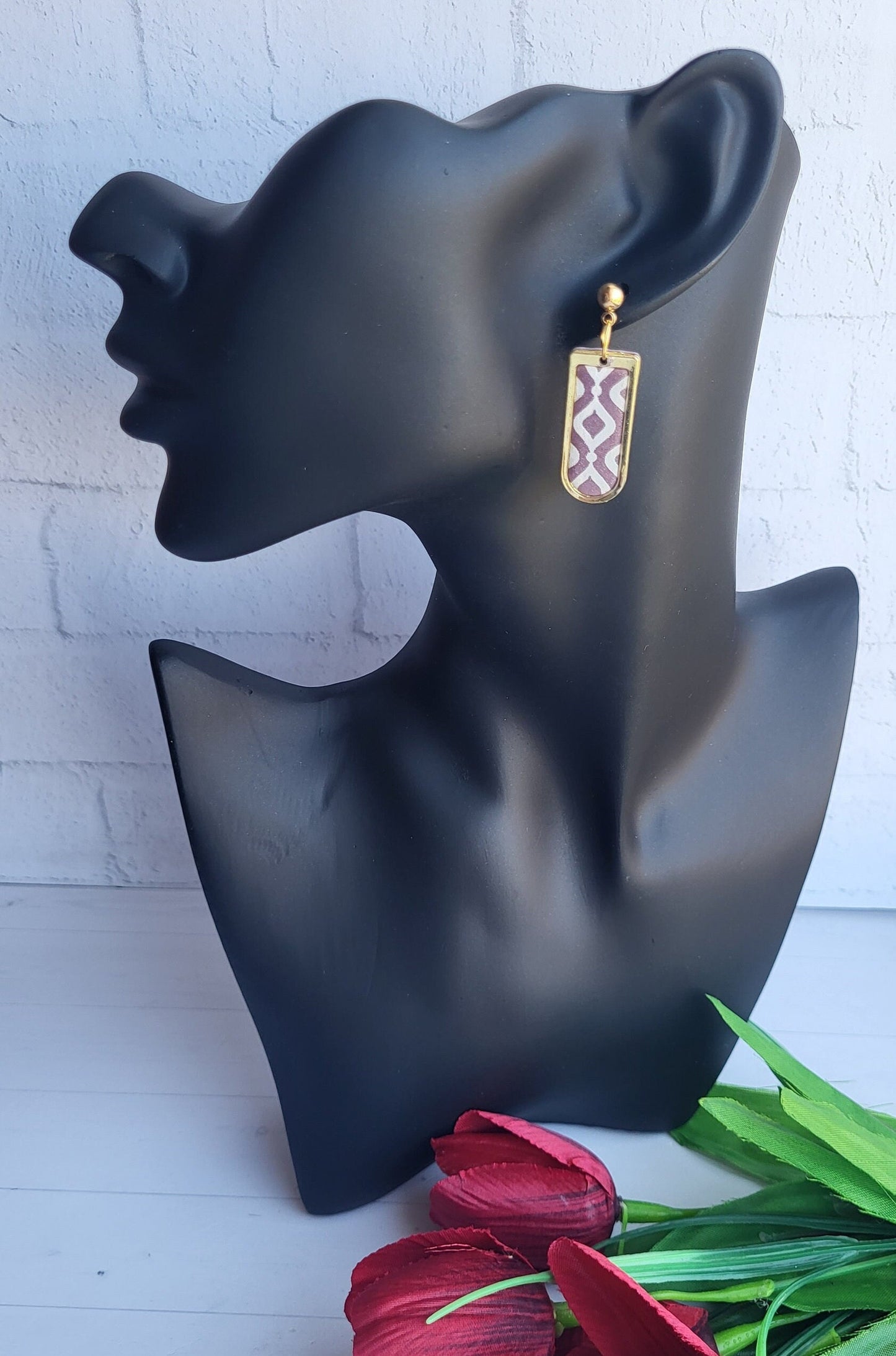 Stylish Drop Earrings/Gold Accent Earrings/Boho Chic Earrings/Textured Purple Jewelry/Patterned Clay Design/Artisan Crafted Earrings