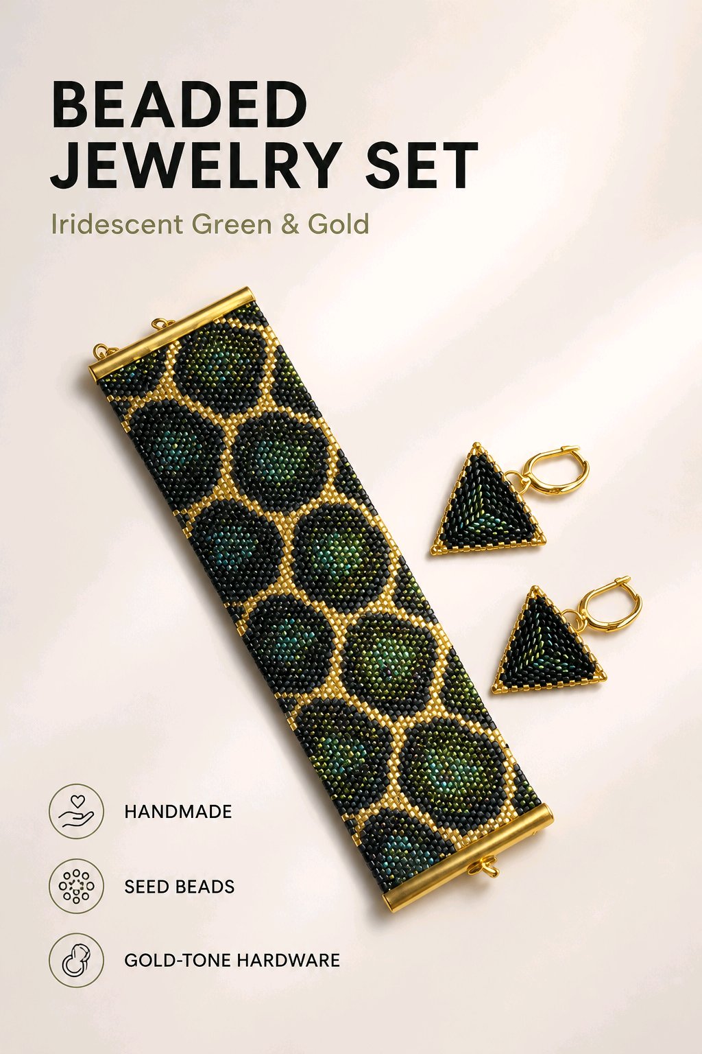 Handcrafted Beaded Jewelry Set with Bracelet and Triangle Rings – Elegant Black and Gold Design/Elegant Beaded  Set – Perfect Gift Idea