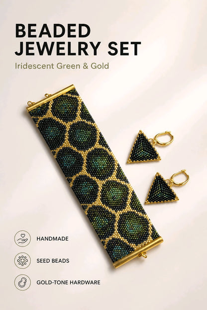 Handcrafted Beaded Jewelry Set with Bracelet and Triangle Rings – Elegant Black and Gold Design/Elegant Beaded  Set – Perfect Gift Idea