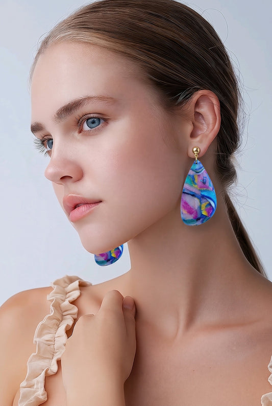 Unique Colorful Teardrop Earrings/Bohemian Art-Inspired Earrings/Abstract Design Polymer Clay Earrings/Swirl Design Polymer Earrings