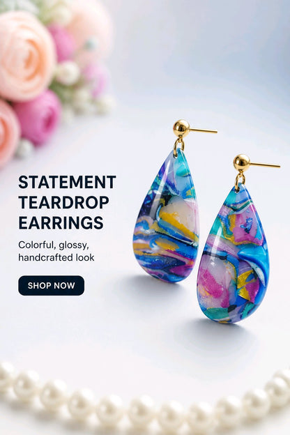 Unique Colorful Teardrop Earrings/Bohemian Art-Inspired Earrings/Abstract Design Polymer Clay Earrings/Swirl Design Polymer Earrings