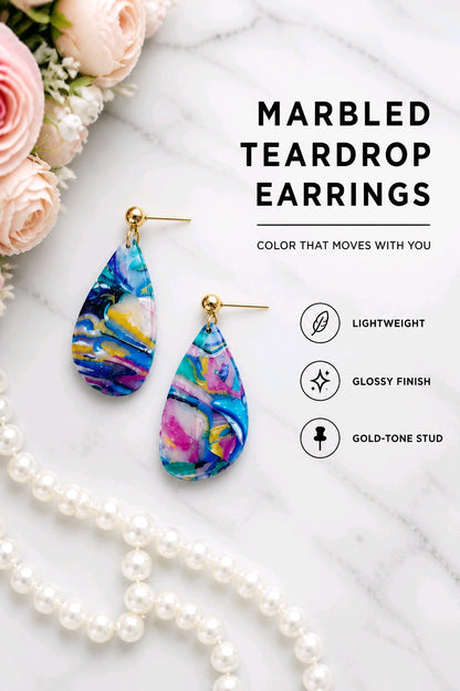 Unique Colorful Teardrop Earrings/Bohemian Art-Inspired Earrings/Abstract Design Polymer Clay Earrings/Swirl Design Polymer Earrings